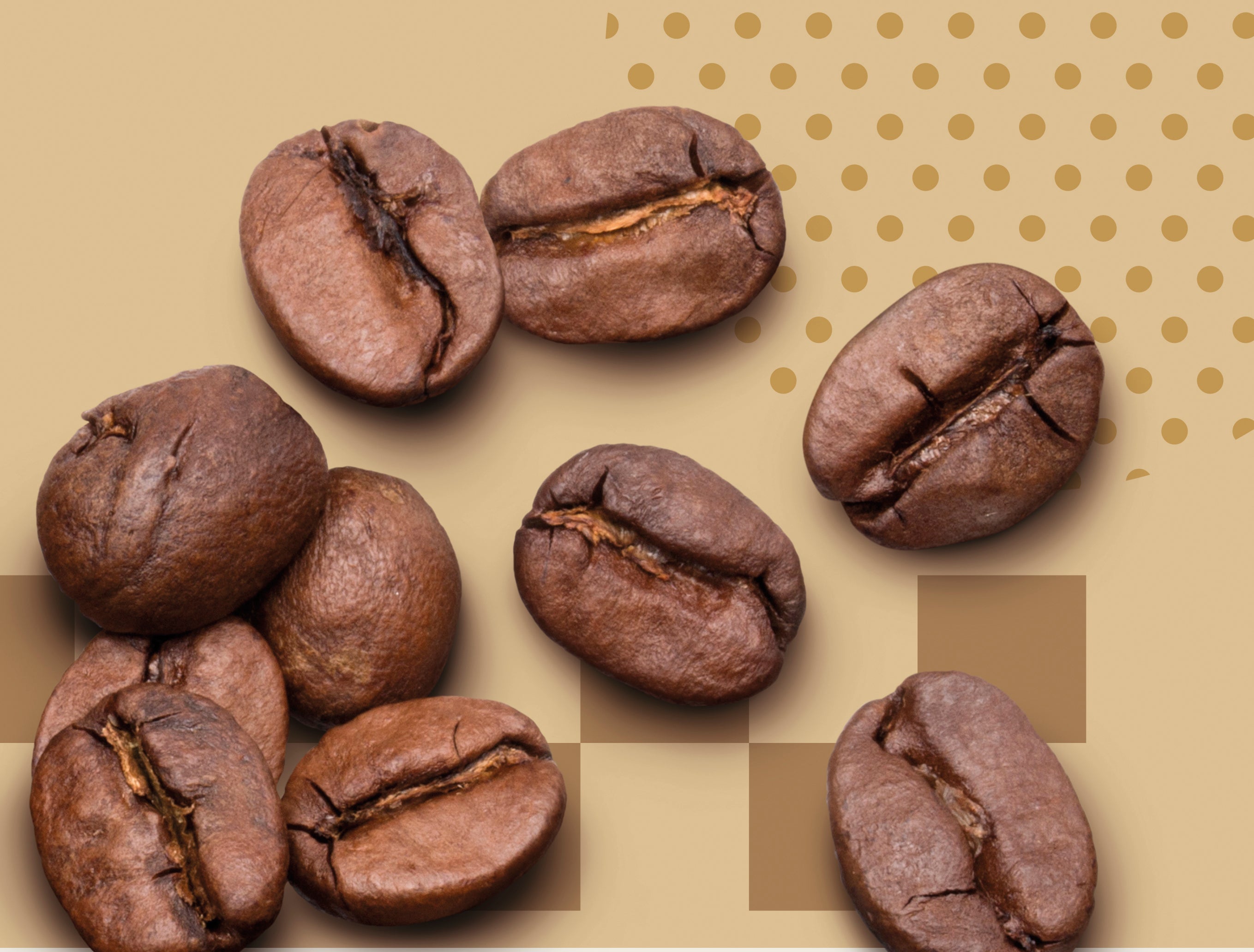 Chicchi di caffè tostato scuro su sfondo beige a pois e a scacchi.